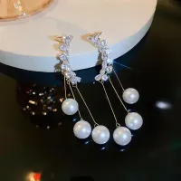 Korean Shiny Zircon Crystal Tassel Pearl Earring